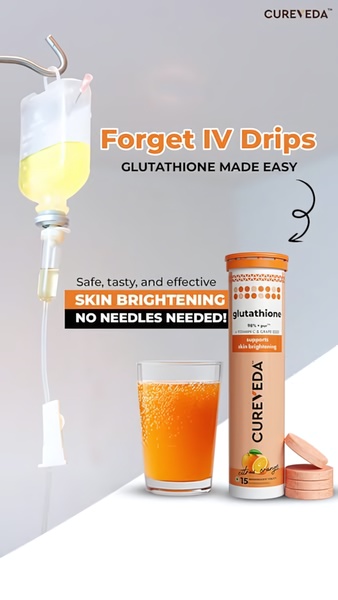 A vertical advertisement contrasting a medical IV drip setup with an easy-to-use, tasty effervescent supplement tablet.